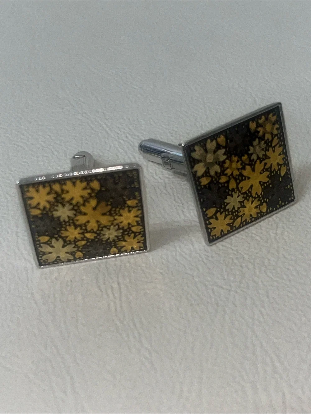 Amita 925 Sterling Silver Square Cufflinks w/ Yellow Floral Pattern